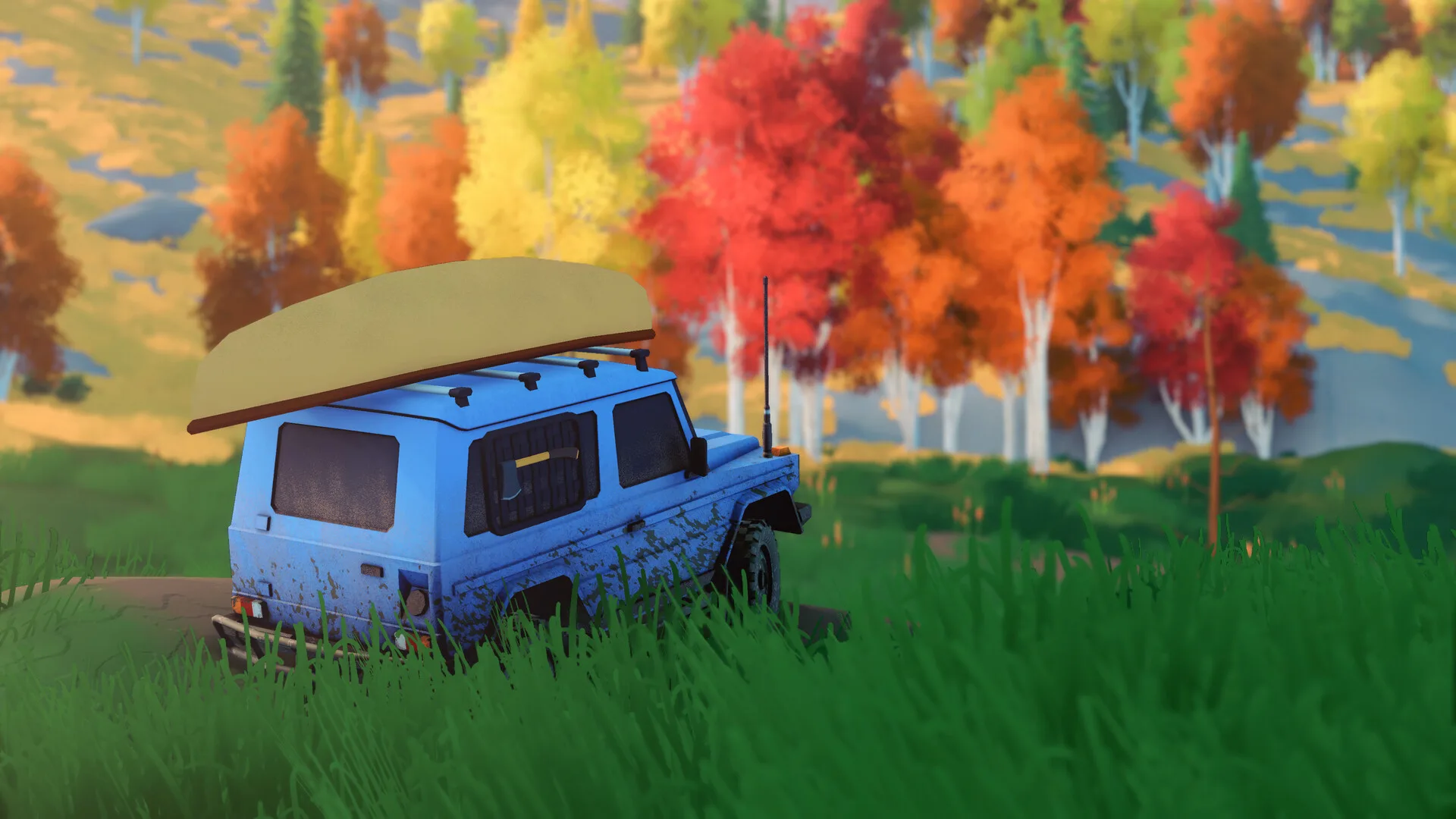 Over the Hill official screenshot of a blue 4x4 carrying a canoe beside autumn trees